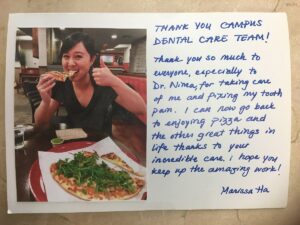 a thank you card from a client, Marissa Ha to everyone in the office for fixing her painful tooth